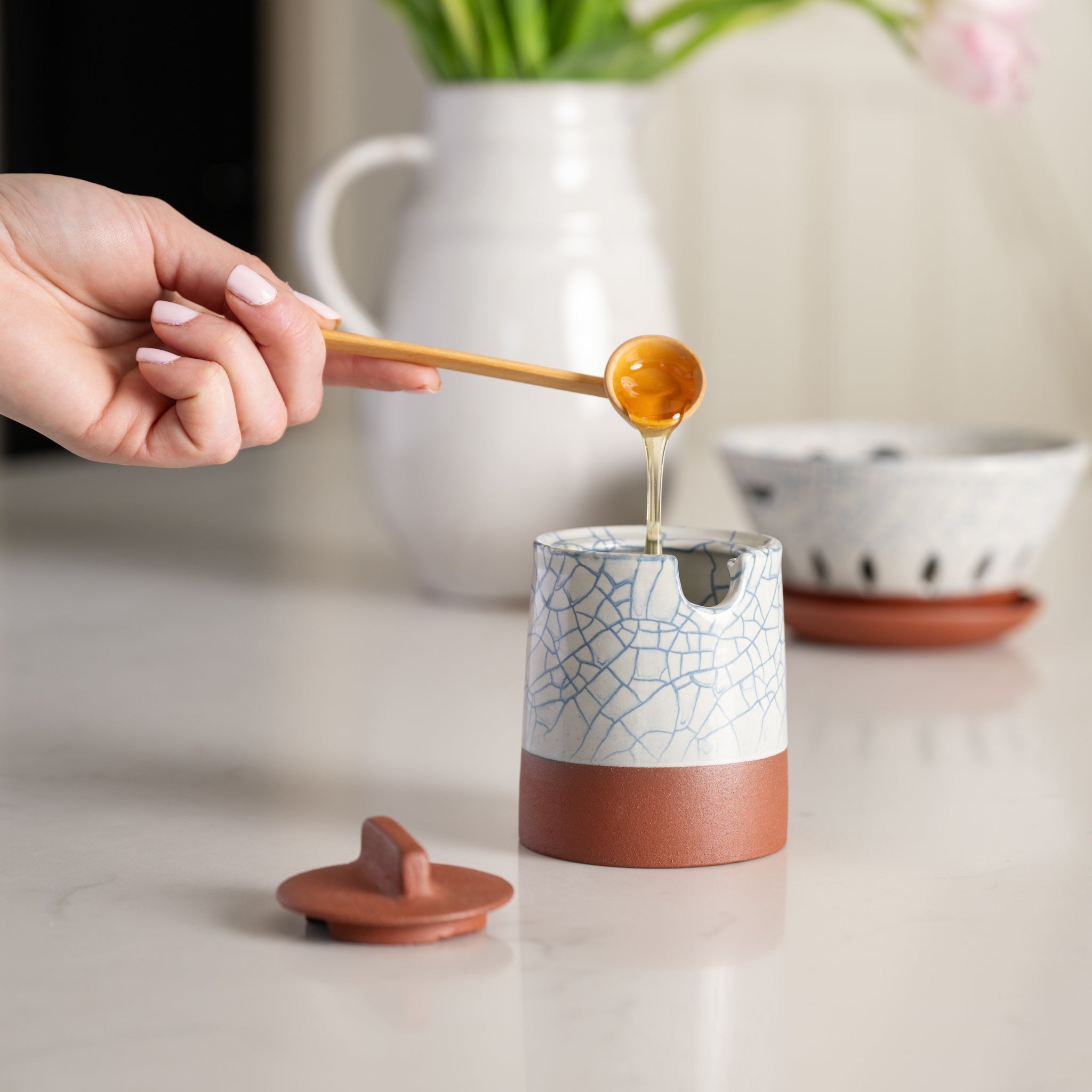 Ciya Blue Crackle Honey Pot - Ten Thousand Villages