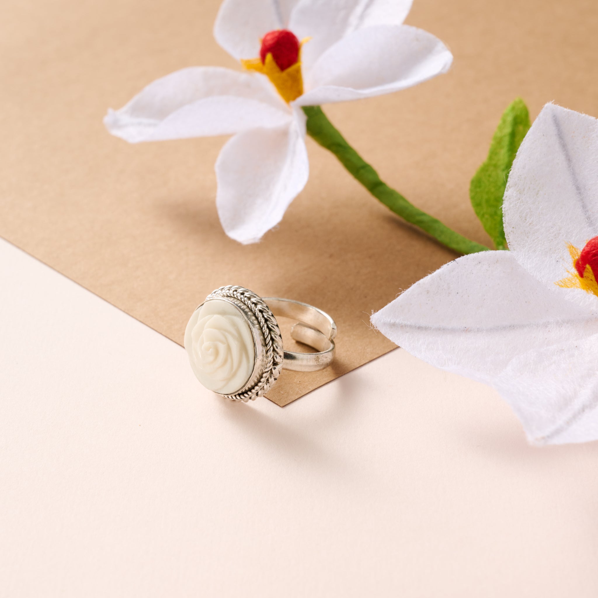 Bagaica Rose Carved Bone Ring - Ten Thousand Villages