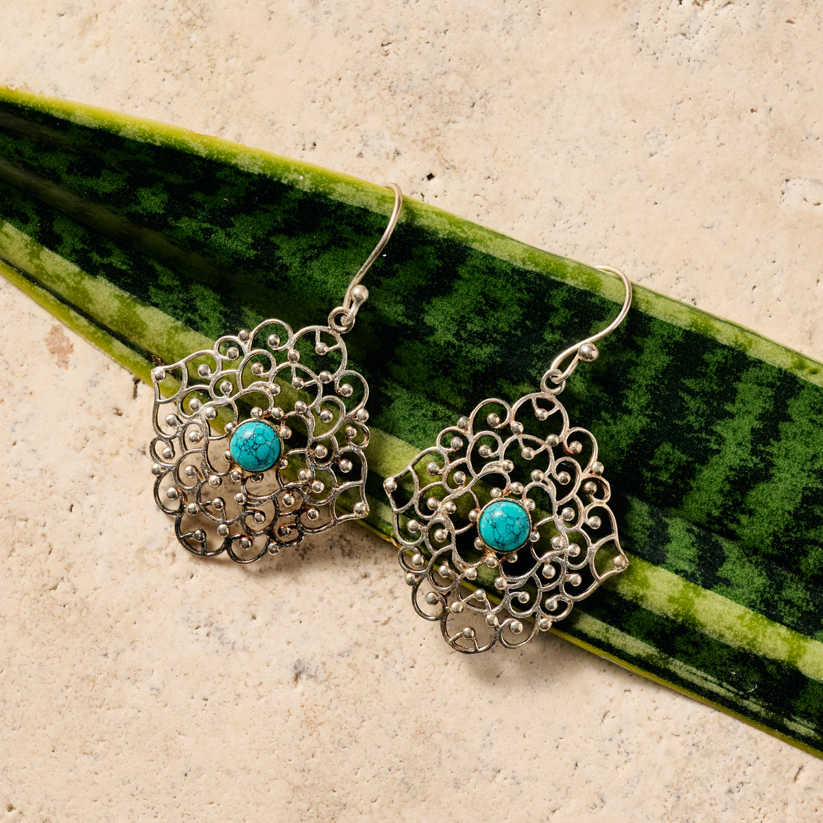 Hava Silvertone Dangle Earrings w/Turquoise - Ten Thousand Villages