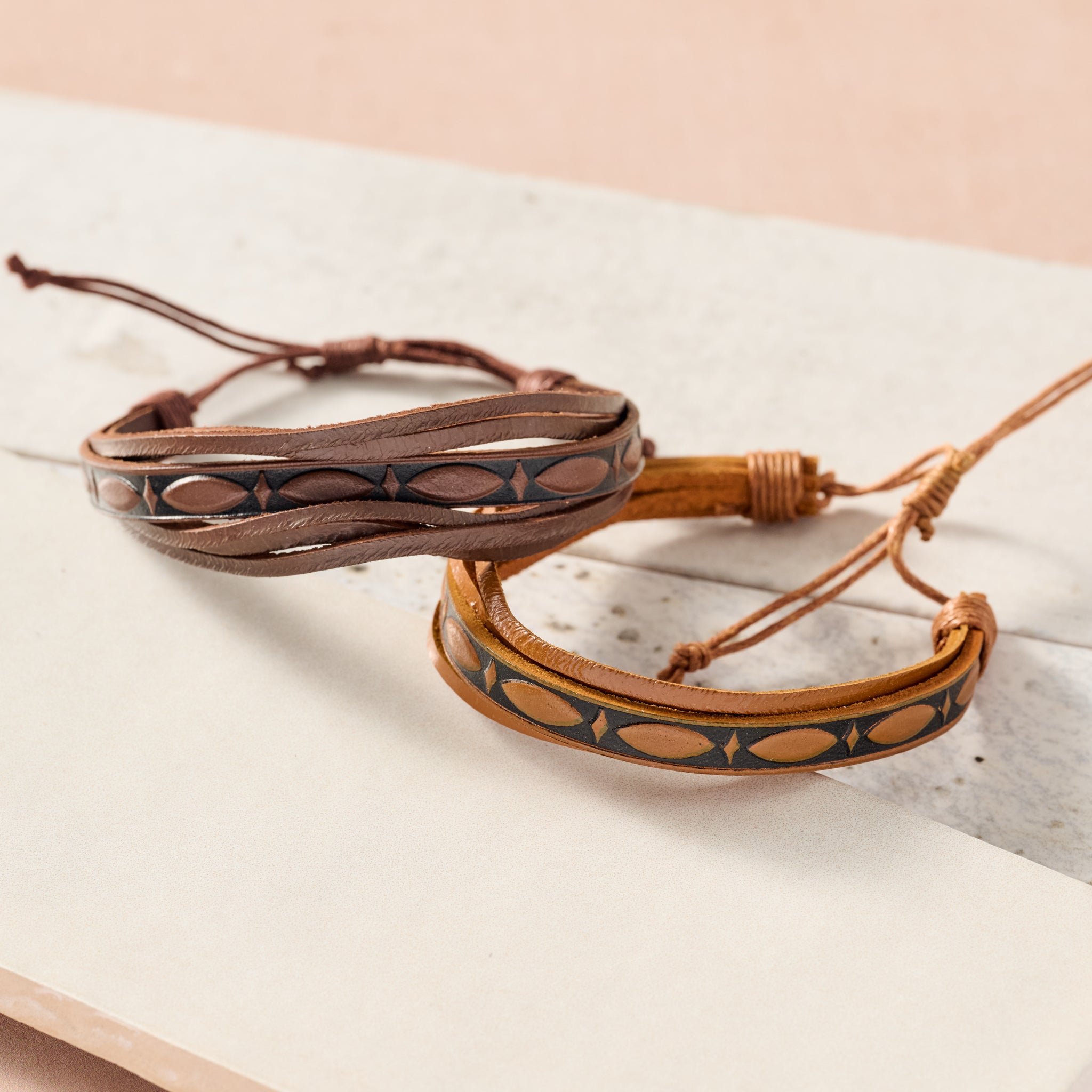 Tikat Embossed Leather Bracelets - Set of Two - Ten Thousand Villages