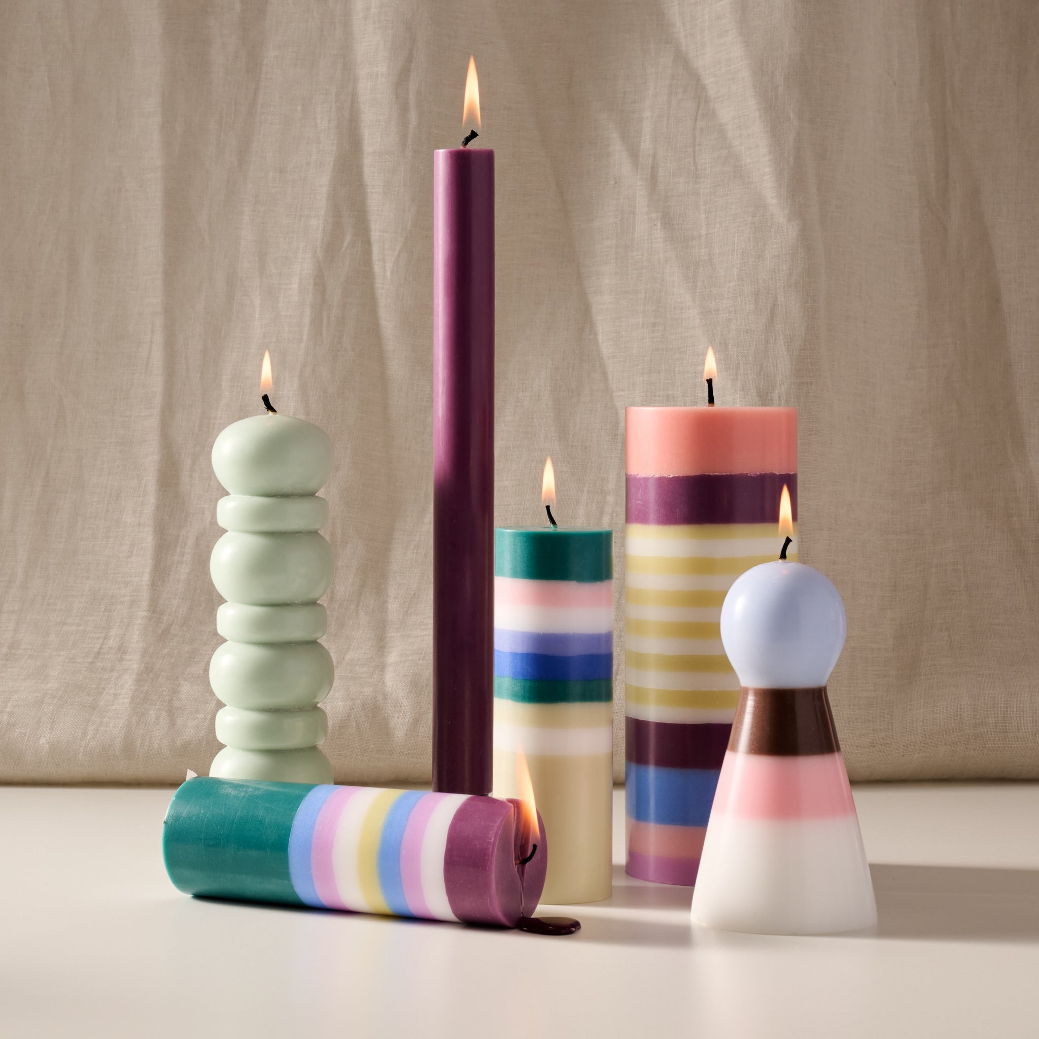 Rayi Blue Short Stripe Palm Wax Pillar Candle