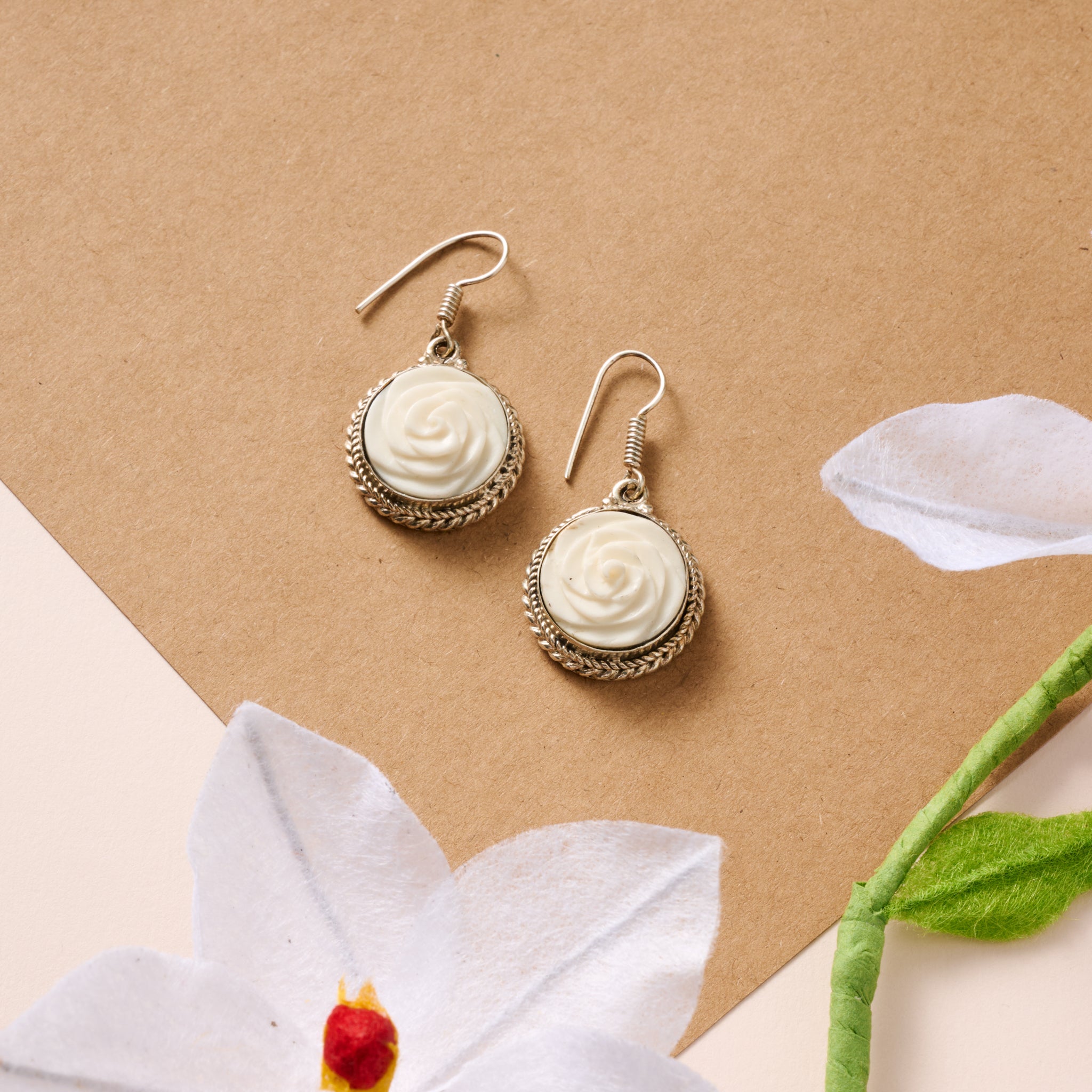 Bagaica Rose Carved Bone Earrings - Ten Thousand Villages