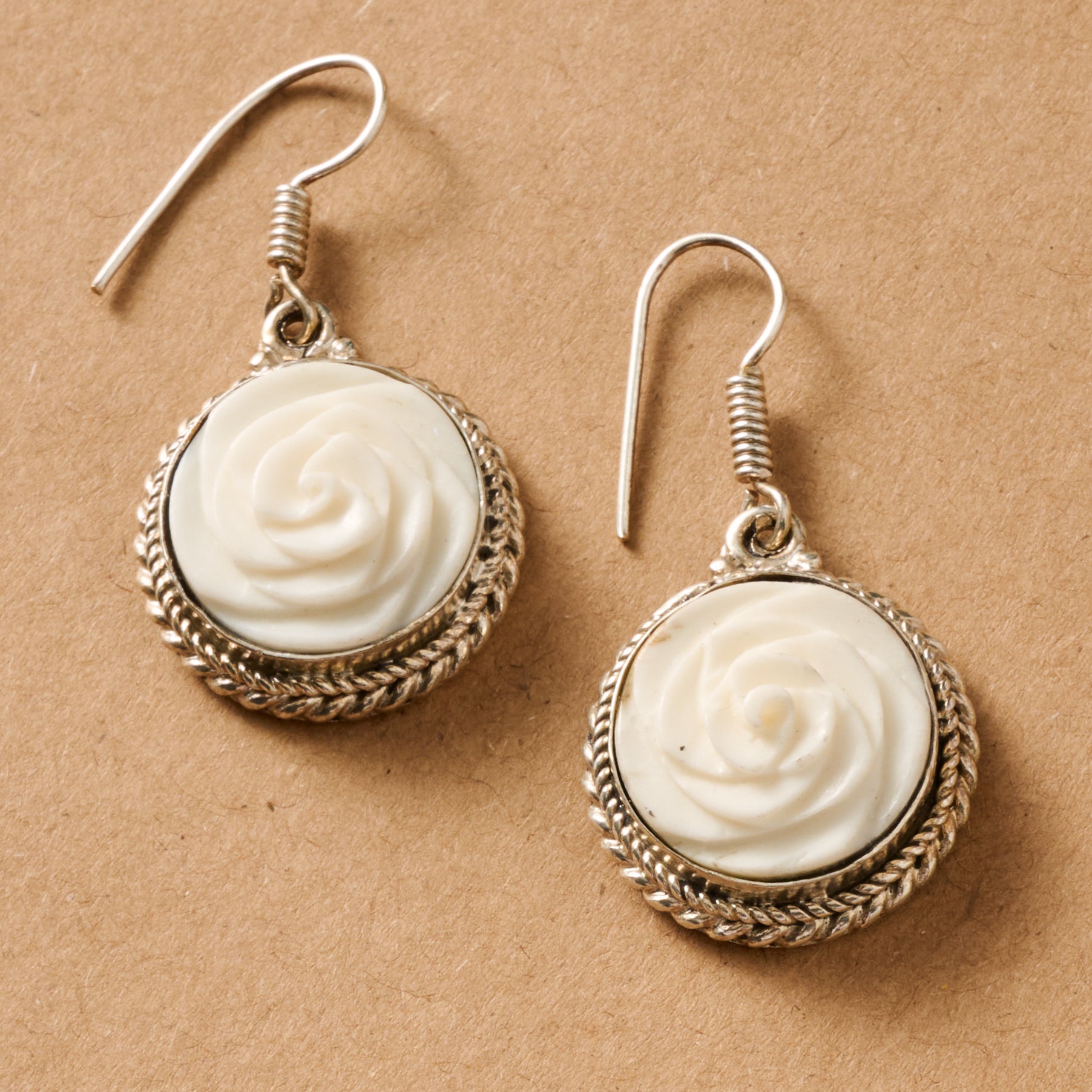 Bagaica Rose Carved Bone Earrings - Ten Thousand Villages