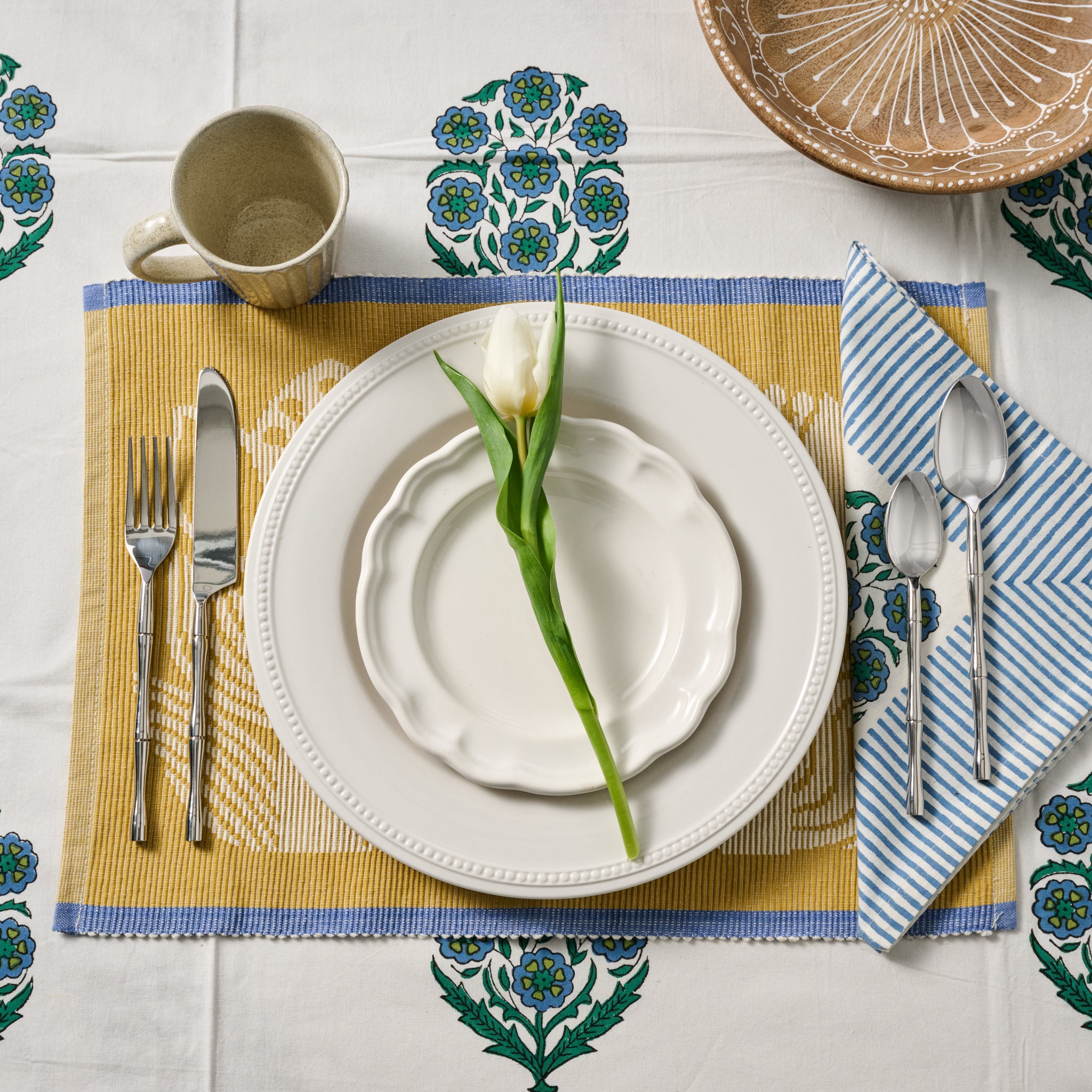 Devika Floral + Stripe Block Print Napkin - Ten Thousand Villages