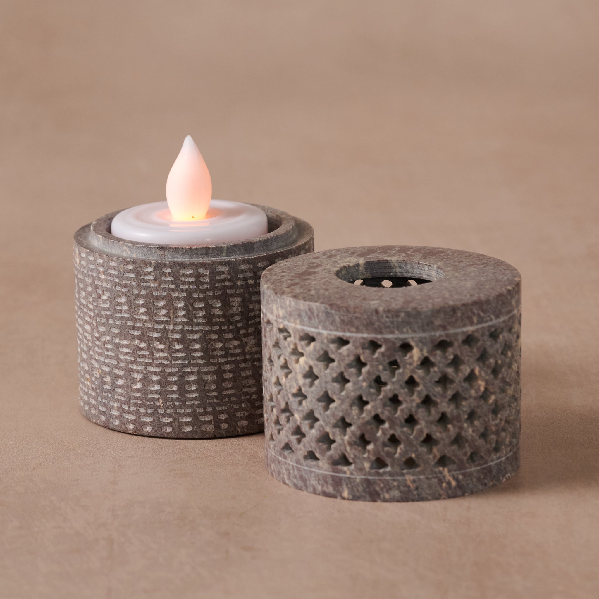 Jatil Carved Gorara Stone Tealight Holder