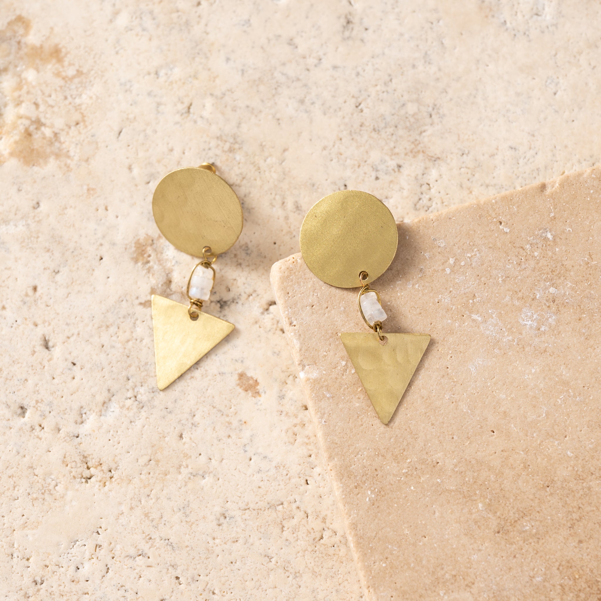 Prateek Brass and Moon Stone Earrings - Ten Thousand Villages