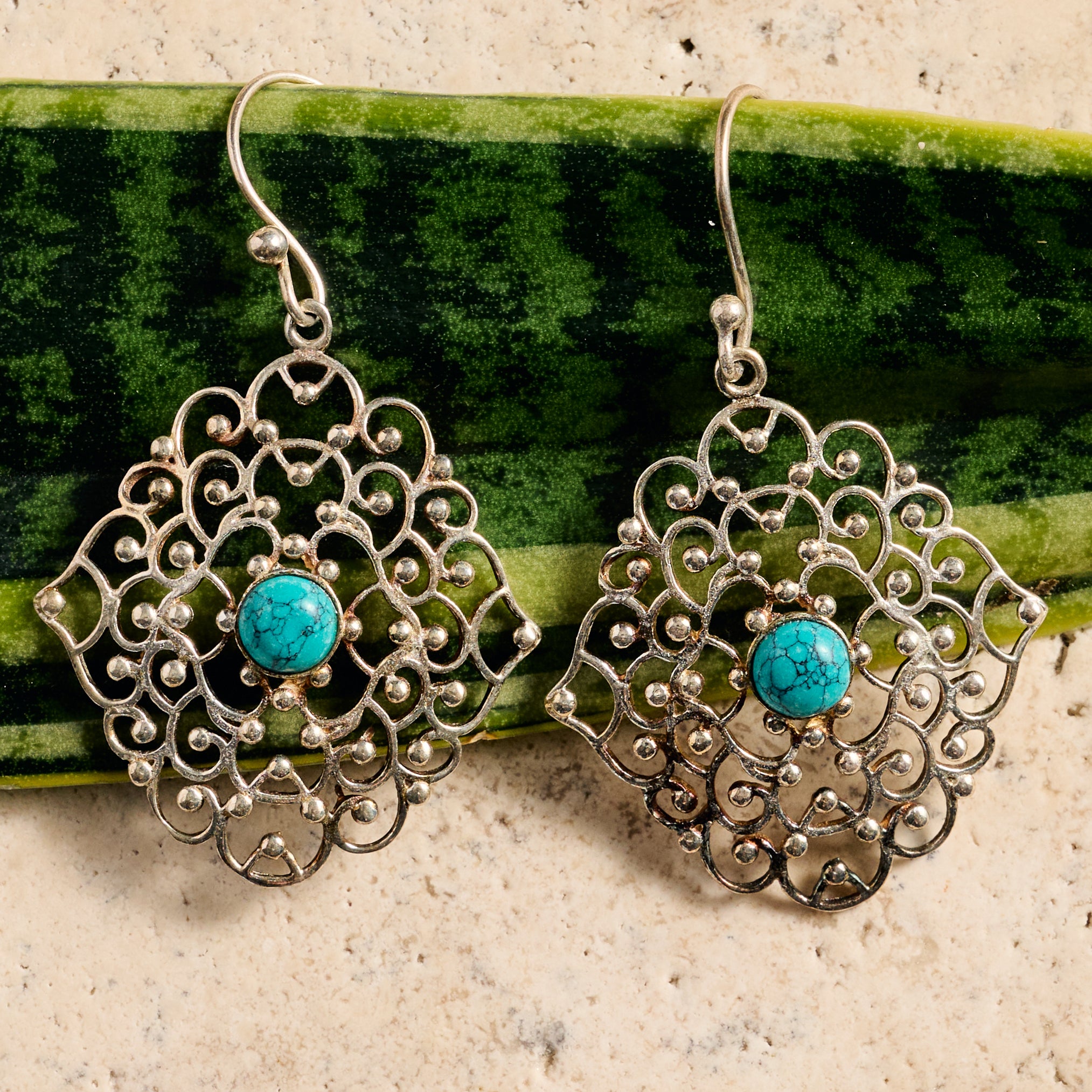 Hava Silvertone Dangle Earrings w/Turquoise - Ten Thousand Villages